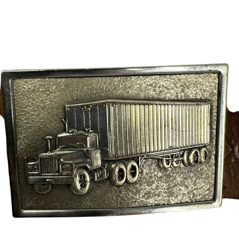 Vintage Brown Star Embossed Leather Belt with Semi Truck Metal Buckle